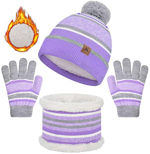 Heekpek 3-Piece Kids Winter Hat, Scarf & Gloves Set - Pom Pom Beanie Hats, Snood Scarf, Warm Knitted Set for Girls & Boys