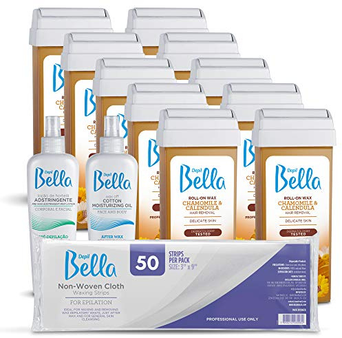 Depil Bella Brazilian Roll On Wax Chamomile and Calendula Depilatory | Body Waxing, Hair Removal Wax-Cartridge | For Men and Women | Home Self Waxing | Sensitive Skin | Painless (10 PACK + ADD)