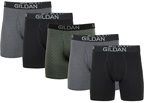 Gildan Calzoncillos Calzones elásticos de algodón, Paquete múltiple Ropa Interior de Hombres para Hombre, Negro/Jaspeado Gris Oscuro/Verde Medianoche (Paquete de 5, Pierna Regular), XL
