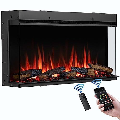 FLAMME Knighton 90cm/35 3-Sided Electric Media Wall Fire, Recessed TV Media Wall, Multiple Flame Colours, Sound Effects and APP Control