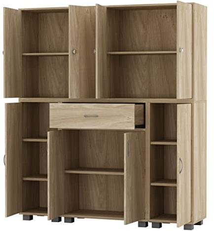 URBNLIVING Large Tall Freestanding Bookcase 12 Shelves 8 Doors 1 Drawer Bookshelf Shelving Cupboard Display Unit for Living Room Home Office Bedroom (Oak)