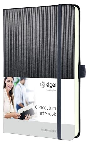 SIGEL CO405 Premium Notizbuch A5 liniert grau metallic, Hardcover, 194 nummerierte Seiten, nachhaltiges Papier, mit Inhaltsverzeichnis, Stiftschlaufe, Falttasche, Gummibandverschluss, Conceptum