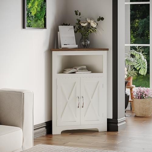ChooChoo Farmhouse Eckschrank, kleiner Eckschrank mit Scheunentür-Design und verstellbarem Regal, platzsparender Wohnraum für Wohnzimmer, Badezimmer, Küche, weiches Weiß & Braun