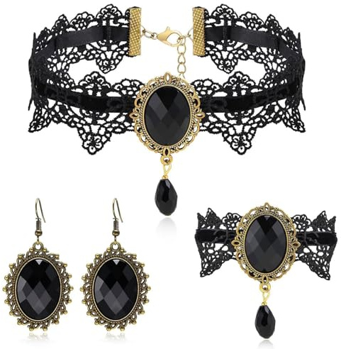Moguri Gothic Schmuckset für Damen, 3-teiliges Halsketten-Set mit Ohrringen und Armband, Halloween Vintage Zubehör, Trachtenkette, Vampir Look, Wiesn Accessoires, Dirndl Schmuck für Oktoberfest