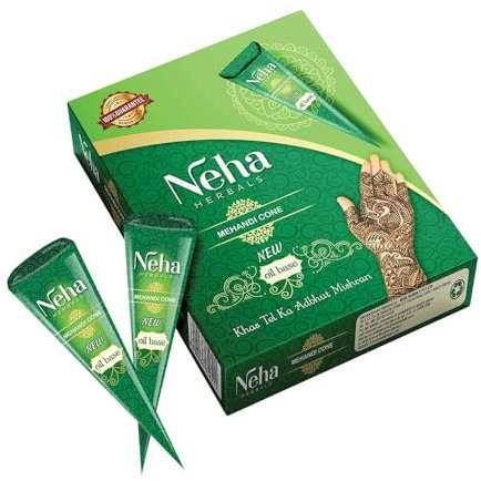 Neha Heena con tubo de pasta de 12 unidades + aceite heena mehendi – Natural para tatuajes temporales, fácil aplicación, color duradero, ideal para bodas, fiestas como Eid con Kajal
