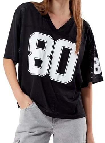 RUIWANBBY Women Y2k Oversized Jersey Shirt Short Sleeve Number Print V Neck T-Shirt Summer Casual Loose Sport Tops Streetwear (B-Black, M)