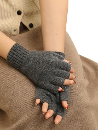 Prettystern Damen 100% Kaschmir-Wolle Halbfinger handschuhe ohne fingerkuppen fingerlose Pulswärmer Hand-stulpen Cashmere Dunkel-grau