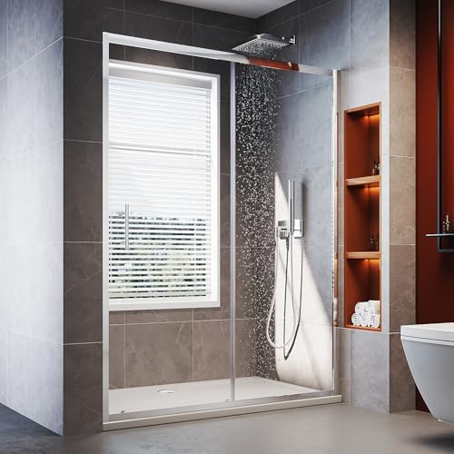 SUNXURY Puerta corredera de 150 x 185 cm, mampara de ducha de cristal templado de 5 mm, con marco de aluminio
