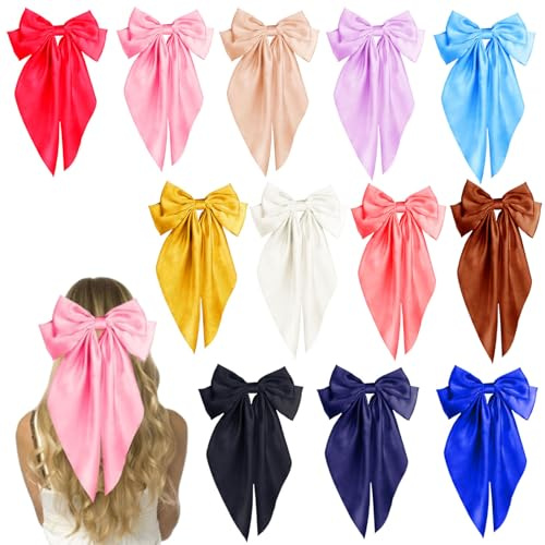 12 Pcs Large Hair Bows for Girls, Big Silky Satin Bows with Long Tails, Hair Bows for Women Kids for Daily Wear Parties School Gift (12 Colours)