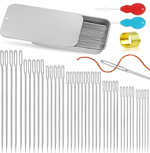 NiceNaiils 35 Pcs Aghi da Cucito con cruna Larga, 7 Dimensioni, Aghi Appuntiti per Cucito a Mano, ago per Filo da Ricamo in Pelle, ago in Acciaio Inossidabile con infila ago, ditale per Artigianato