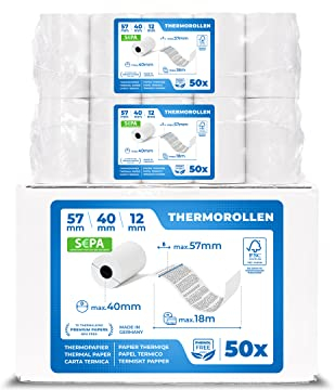 50 x EC Cash Thermorollen mit Sepa-Lastschrifttext | B: 57mm – DM: 40mm - Kern DM: 12mm – L: 18m für Ingenico ict220 ict250 iwl250 und alle anderen EC-Cash-Thermodrucker