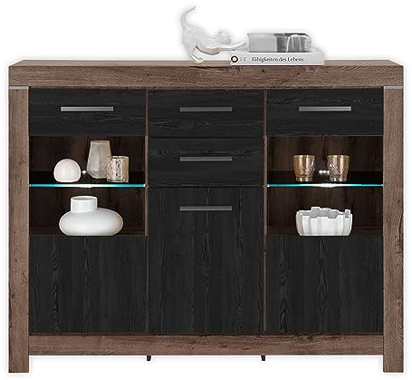 BALIN Highboard mit LED-Beleuchtung in Canyon-Eiche Optik, Schwarz-Eiche Optik - Moderner Wohnzimmerschrank mit viel Stauraum für Ihren Wohnbereich - 160 x 125 x 45 cm (B/H/T)