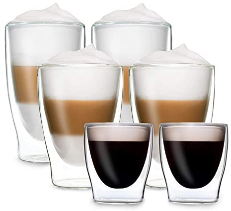 DUOS® Taza de café doble pared (2 x 80 ml + 2 x 310 ml + 2 x 410 ml) - Taza doble pared, taza espresso, cristal latte macchiato, taza de café, vidrio macchiato, verra café taza café