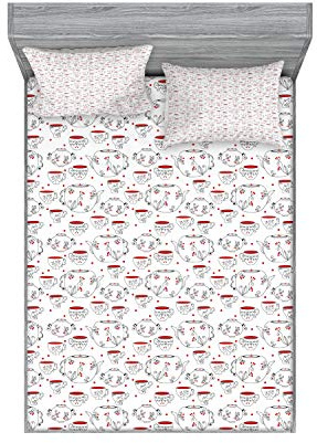 Ambesonne Tea Party Fitted Sheet & Pillow Sham Set, Doodle Style Crockery Illustration of Floral Patterned Kettles and Cups, Decorative Printed 3 Piece Bedding Decor Set, Queen, Red Black White