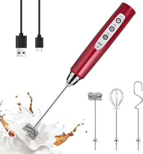 YUSWKO Montalatte rosso portatile con 3 teste, frusta da caffè in schiuma con 3 velocità ricaricabile tramite USB, mini montalatte elettrico per latte, cappuccino, cioccolata calda, uova