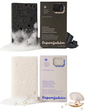 T.Taio Esponjabon pärlemor och koltvålsvampar – duschskrubbare som tar bort olja och smuts – svampar att skrubba fot, armbåge och ansikte – badrumstillbehör – fräsch doft (2-pack)
