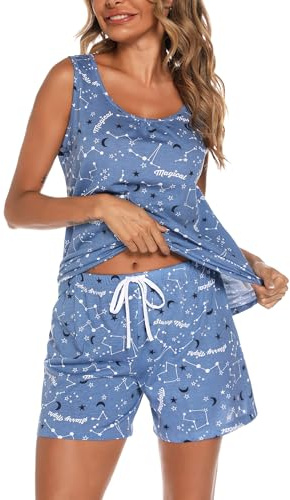 ENJOYNIGHT Pigiama corto da donna, estivo, senza maniche, top e pantaloncini, biancheria da notte da donna, in cotone, Bl-stella, XXL