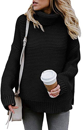 Imuedaen Pullover Damen Elegant Rollkragenpullover Langarm Strickpullover Lässiges Stricken Pulli Winter Sweatshirt Oberteile (A Schwarz, XL)