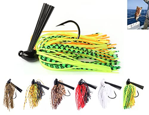 6Pcs-Weedless-Swimming-Jigs-Fishing-Lure,Saltwater Chatter Fish Baits for Bass Fishing Lures Jig Heads with Weed Guard Freshwater Crappie Artificial Bait Hooks Mix Color Skirts Kits for Pike Trout