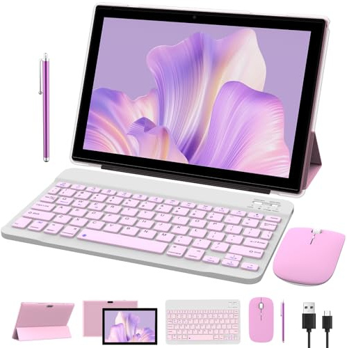 tablet 2 en 1 de 10 pulgadas Android 11 OS tablet, tabletas con teclado, mouse, estuche, lápiz, película templada, 64 GB ROM+2 GB RAM, cámara dual de 8 MP, procesador de cuatro núcleos, batería de