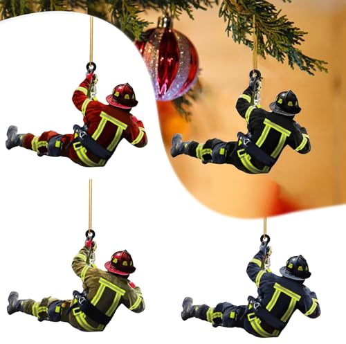 Feuerwehrmann-Weihnachtsdekorationen, Acryl-Feuerwehrmann-Anhänger, 4 Stück Weihnachtsbaum-Feuerwehrmann-Ornamente zum Aufhängen, Autospiegel-Dekoration, Urlaubsdekoration, Weihnachtsbaum-Anhänger