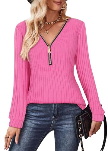 Gemulate Ladies Long Sleeve Tops V Neck Zip Jumper Women Ladies Lightweight Sweatshirt Ribbed Womens Sweaters Winter Top Hot Pink S