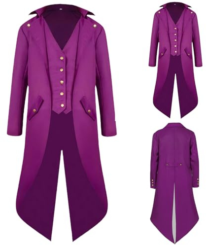 NFAOEGJ Men Medieval Tailcoat Steampunk Victorian Costume Mens Medieval Gothic Vintage Jacket Halloween Costum (Purple, L)