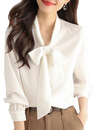 Inzegao Camisa con botones para mujer, blusa de manga larga con lazo para la oficina y el trabajo, Blanco, M