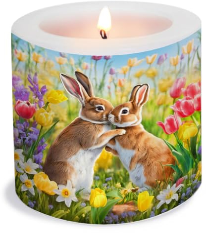 Serviettenshop Spring Candle with Rabbits and Flowers as Table Decoration for Spring. Candle Easter with Motif as Original Table Decoration for Children and Adults Diameter 8 x Height 7.5 cm