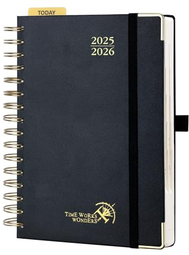 POPRUN Agenda 2025 2026 Dia Por Pagina 21,5 x 14,5 cm, Espiral Diaria 12 Meses de Ago.2025 a Jul.2026, Tapa Dura, Regla de Plásticol, 80 GSM Papel, Negro
