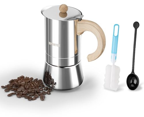 UPOHYEE Cafetera Italiana 6 Tazas 300 ml Grano de madera Compatible con Gas Vitrocerámica e Inducción, Acero Inoxidable de Válvula de Seguridad