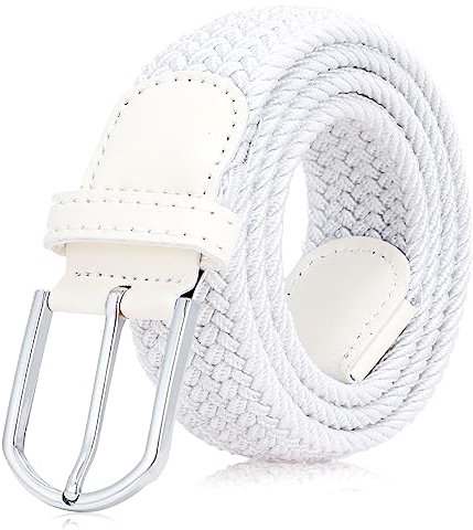 VONMELLI damen gürtel stretchgürtel damen Herren Elastischer Stoffgürtel Geflochtener Verstellbarer Flechtgürtel Damen mit Goldschnalle für Jeans Hosen Shorts Kleid Weiß mit silberner Schnalle M