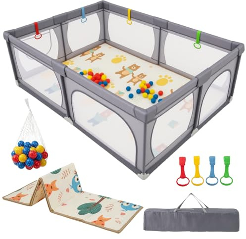 COSTWAY Baby Playpen, 206 x 147cm Extra Large Toddler Fence with Mat, Ocean Balls, Pull Rings, Breathable Mesh, Infants Activity Play Yard for Indoor Outdoor (Dark Grey with Animal Mat)