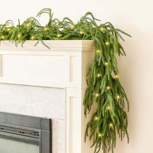 Christmas Garland with Lights for Stairs Fireplace - INCIKITI 9FT Real Touch Norfolk Pine Garland Pre lit Christmas Cedar Garland for Door Table Stair Fireplace