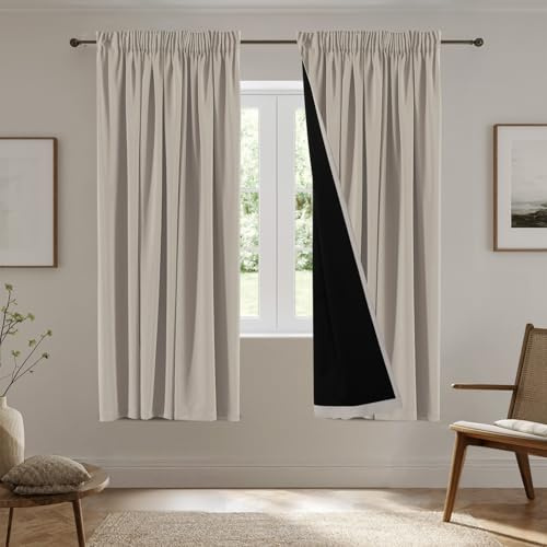 H.Versailtex 100% Blackout Thermal Curtains, Short Pencil Pleat Curtain for Bedroom Decor Thermal Insulated Window Treatments Light Blocking, Room Darkening, W66 X L54Inch, 2 Panels, Natural Sand