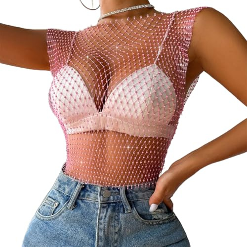 KIRZAX Top à chaîne en maille brillante avec strass scintillants pour femme, top court bikini scintillant, top noir avec strass, idéal pour les soirées en boîte de nuit