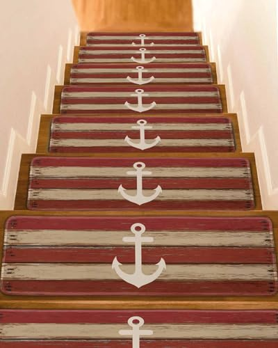 Stair Treads Non Slip Indoor for Wooden Steps, Nautical Anchor 15 Pcs Stair Mats for Kids Elders Dogs, 8 x 30 Inch Red Beige Rretro Wooden Board Textures Carpet Treads Runner Rugs for Staircase