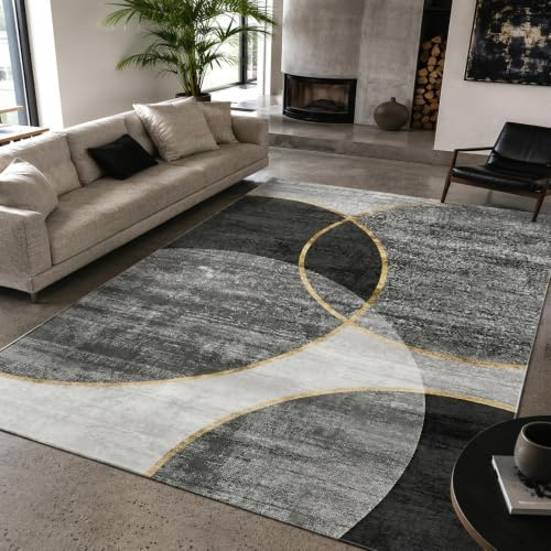 Vardagsrumsmatta, modernt geometriskt abstrakt mönster, grå, vit, gul, 160 x 200 cm, stora mattor för matsal sovrum studierum hemtillbehör dekoration