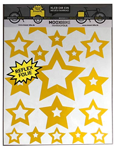 MOOXIBIKE I Sticker Set Star Gelb reflektierend, für Cargobike, Lastenrad, Fahrrad, Scooter, Roller & Helm, auch für Rennrad, Trekkingrad, Fixie, Mountainbike, Hollandrad, Citybike, Rollator & E-Bike