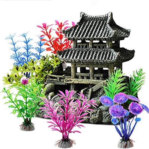 ODOOKON Acquario Ornamento Resina Castello di Pesci Architettura Antica Orientale Tempio, 5 Pezzi Piante Artificiali Acquario Ornamenti Kit, Piccolo Accessori per Acquario Decorazioni
