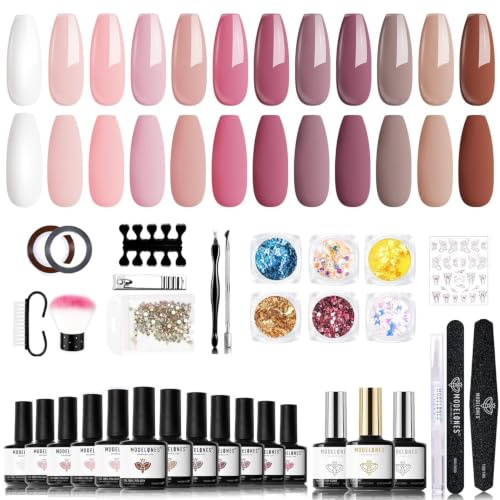 Modelones Gel Nail Kit with 48W Lamp - 12 Colors Pink Gel Nail Polish Set with Lamp Starter Kit, Glossy & Matte Top and Base Coat, Manicure Tools for Beginner DIY at Home