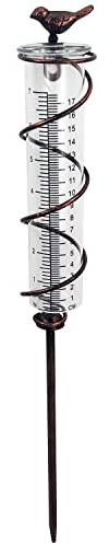 JOYBee 7inch Capacity Glass Spiral Rain Gauge,Cast Iron Bird Hanging Rain Gauge,Garden Rain Water Meter Measuring with Metal Frame,Decoration for Outdoor Garden Lawn Backyard