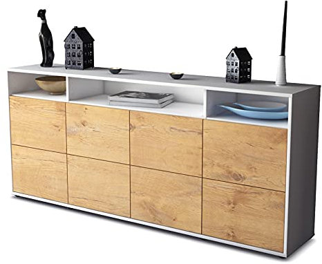Stil.Zeit Kommode Sideboard, Amiran, Korpus Weiss matt, Front Holz-Design Eiche, (180x79x35cm), Push to Open Technik & Leichtlaufschienen
