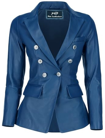 Jild Double Breasted Fancy Buttons Lambskin Leather Blazer Women - Kim Kardashian Long Sleeve Coat Style Leather Jacket Women (FC-Blue-M)