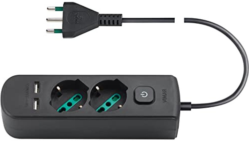 Vimar 0R00625.CC Presa multipla con interruttore e cavo da 1,5 m, 2 universale standard italiano, 2 uscite SICURY USB A, spina nero