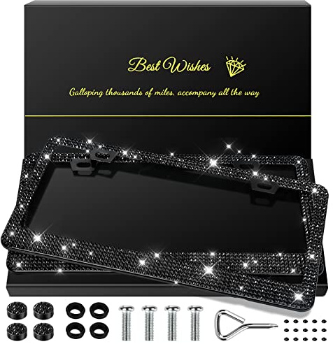 QUANQIUFEI 2 Pack Bling License Plate Frames for Women, Sparkly Rhinestone Diamond Car Accessories with Glitter Crystal Caps (Black)