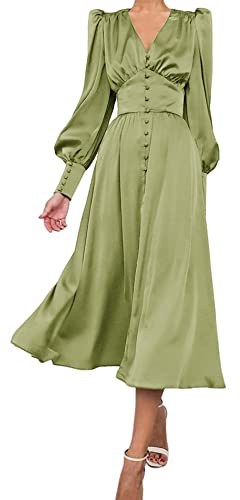 xxxiticat Abito da donna a maniche lunghe in satin, maxi abito con maniche a lanterna, chiusura a bottone, volant, a una spalla, vintage, a maniche a palloncino, midi, verde, L