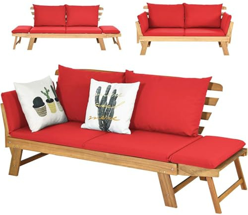 COSTWAY 3 en 1 Sofa Cama de Jardín, Banco de Jardín de 2 Plazas Convertible con 2 Almohadas y Cojin Extraible y Lavable, Reposabrazos Ajustables, Sofa Jardin de Madera Acacia para Patio, Máx 320 kg