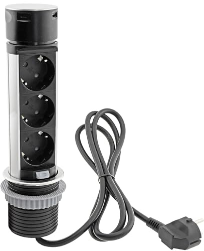 ChiliTec Versenkbare Einbausteckdose 2X Steckdose USB-A USB-C Edelstahl Rund Ladegerät Steckdosen für Schreibtisch Arbeitsplatte 230V mit 150cm Anschlusskabel