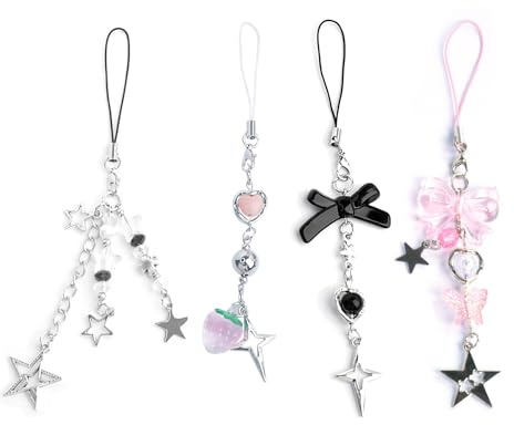 Ruittos 4PCS Cute Phone Charms Aesthetic Y2K Cellphone Charms Strap Pink Strawberry Butterfly Star Charm Y2K Accessories for Phone Bag Keychain Airpods Camera Pendants Decor (Style 1, 4)